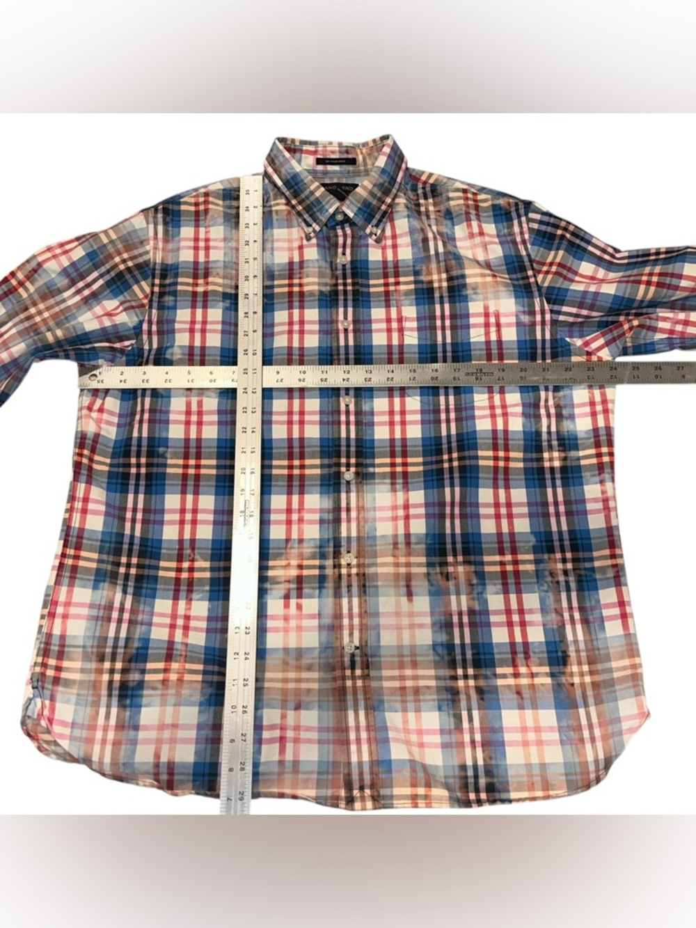 Upcycle Plaid Shirt Pink Floyd Lands End Oxford Distressed Men’s Button Up Sz L - Picture 8 of 8